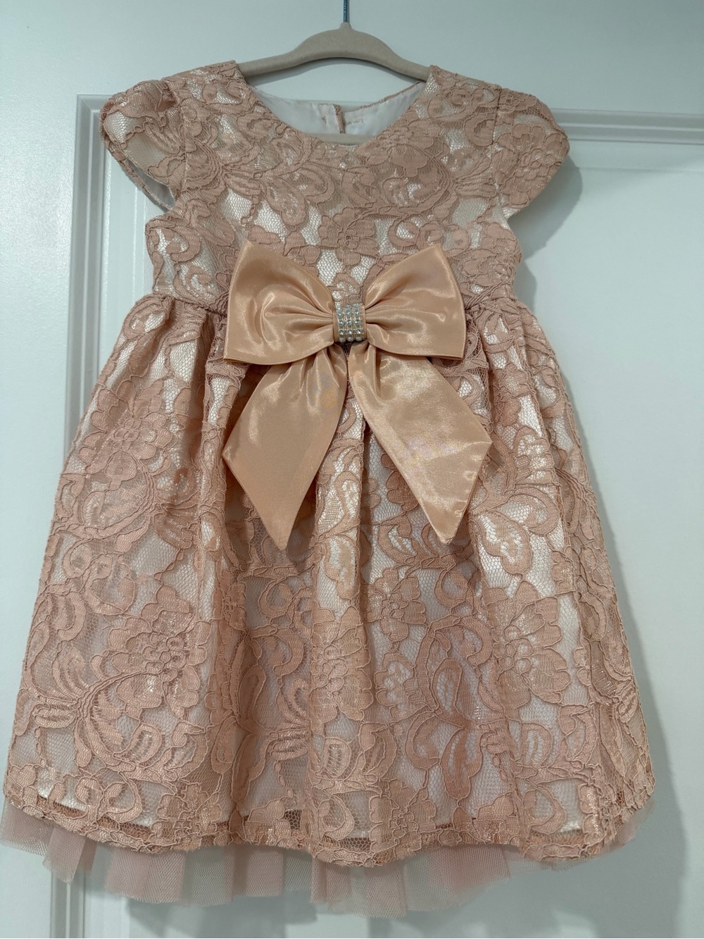 Sweet Heart Rose Lace Bow Party Dress in Peach